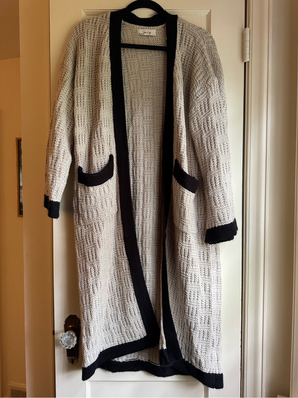 Long Cream Knit Cardigan with Black Trim
